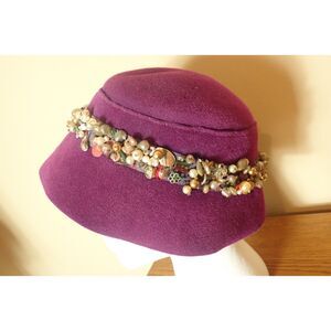 Wool Hat Cap Bonnet Purple Ornate Beads Shells Details Imported Fur Vintage